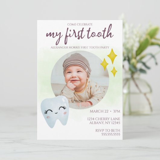 First Toothパーティーかわいい写真 招待状 (スタンド正面)