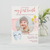 First Toothパーティーピンクかわいい水色の写真 招待状 (スタンド正面)
