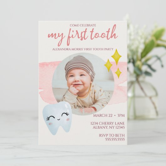 First Toothパーティーピンクかわいい水色の写真 招待状 (スタンド正面)