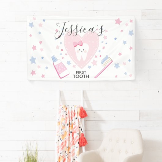 First Toothベビーガールシャワーパーティー編集可能バナー 横断幕 (インサイチュ)