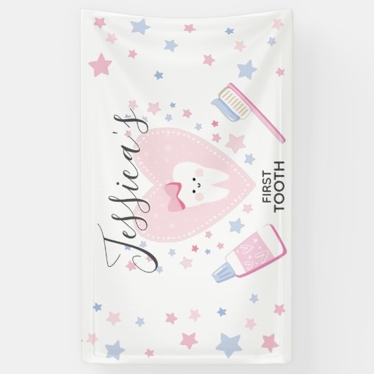First Toothベビーガールシャワーパーティー編集可能バナー 横断幕 (縦)