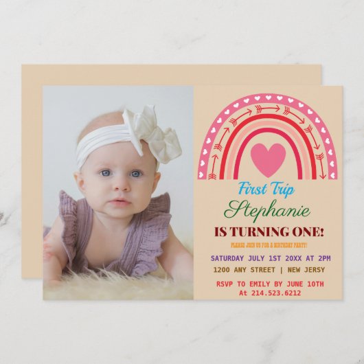 First Trip のまわりに The Rainbow 1th Birthday写真 招待状 (正面/裏面)