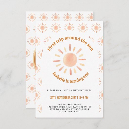 First Trip のまわりに The Sun 1st Birthdayパーティー写真 招待状 (正面/裏面)