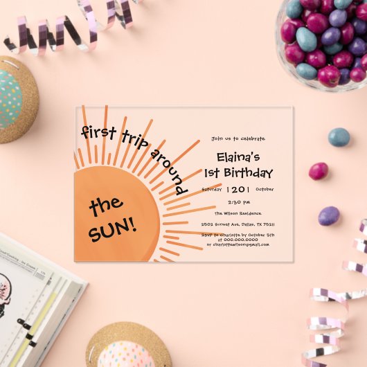 First Trip のまわりに The Sun 1st Birthday Horizontal アクリル招待状 (インサイチュ (お祝い))