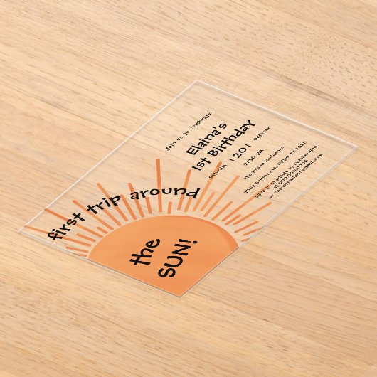 First Trip のまわりに The Sun 1st Birthday Horizontal アクリル招待状 (レイダウン)