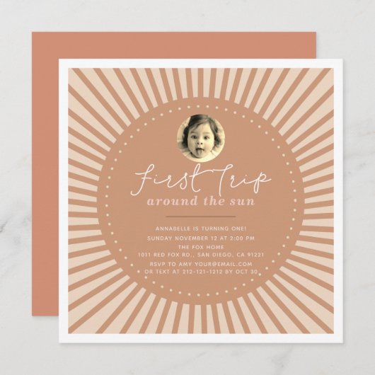 First Trip のまわりに The Sun Boho Photo 1st Birthday 招待状 (正面/裏面)