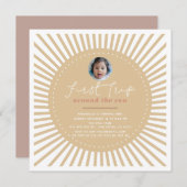 First Trip のまわりに The Sun Boho Photo 1st Birthday 招待状 (正面/裏面)