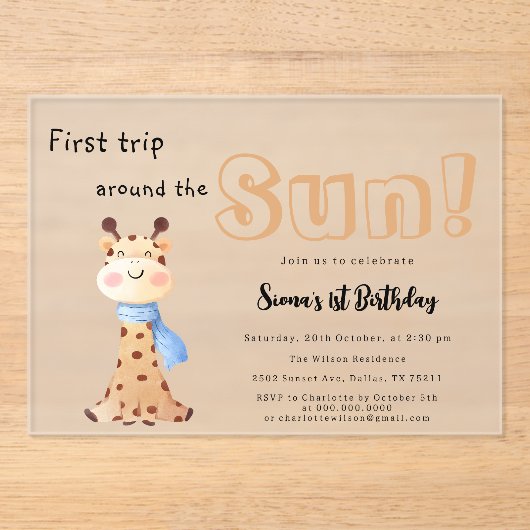 First Trip のまわりに The Sun Giraffe 1st Birthday アクリル招待状 (正面)