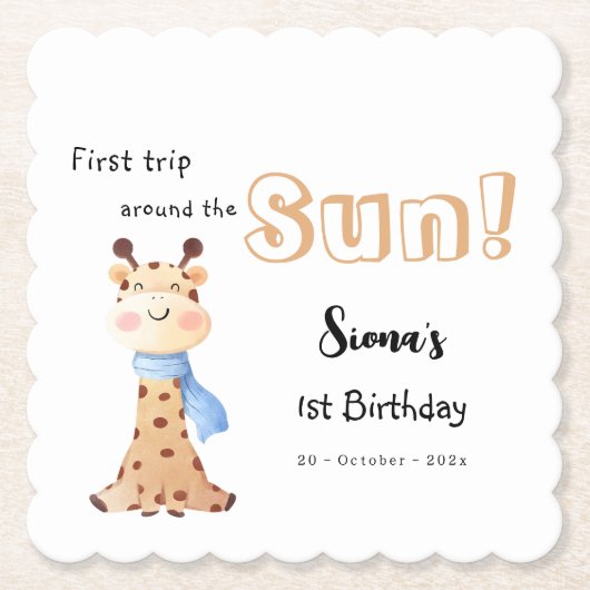 First Trip のまわりに The Sun Giraffe 1st Birthday ペーパーコースター (正面)
