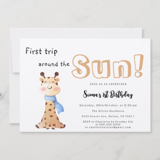 First Trip のまわりに The Sun Giraffe 1st Birthday 招待状 (正面)