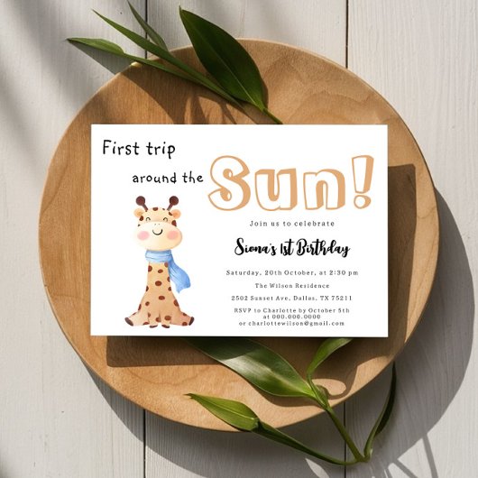 First Trip のまわりに The Sun Giraffe 1st Birthday 招待状