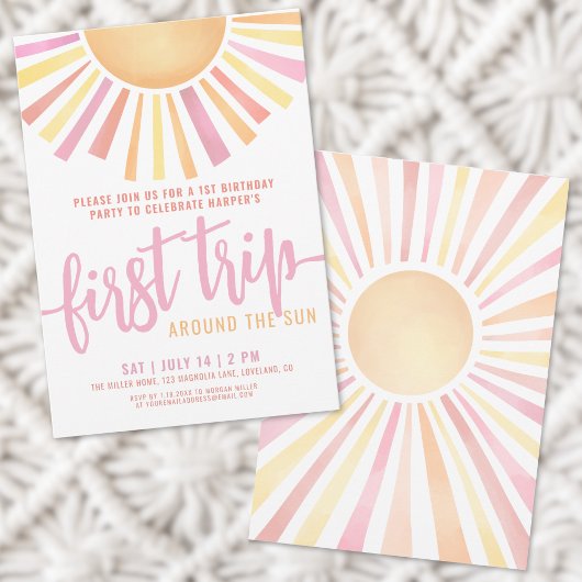 First Trip のまわりに The Sun Pink 1st Birthday 招待状
