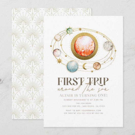 First Trip のまわりに The Sun Planets 1st Birthday 招待状 (正面/裏面)