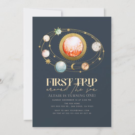 First Trip のまわりに The Sun Planets 1st Birthday 招待状 (正面)