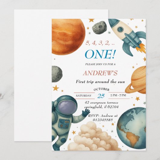 First Trip Around the Sun Astronaut Birthday Party 招待状 (正面/裏面)