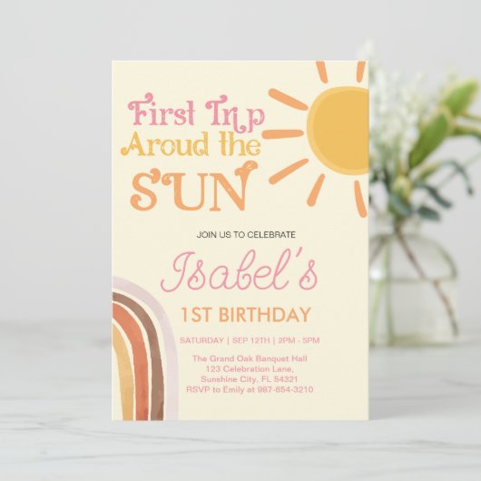 First Trip Around the Sun Boho Retro 1st Birthday  招待状 (スタンド正面)