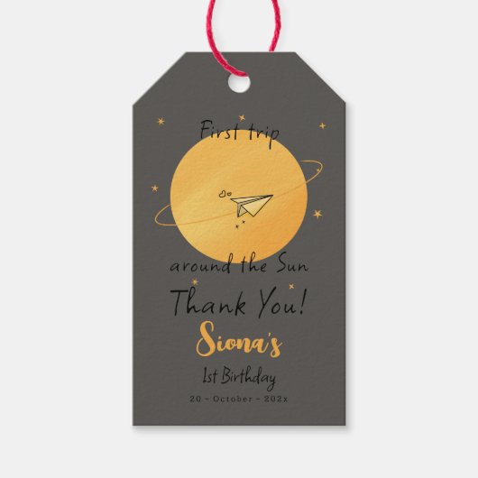 First Trip Around The Sun Paper Airplane Birthday ギフトタグ (正面)