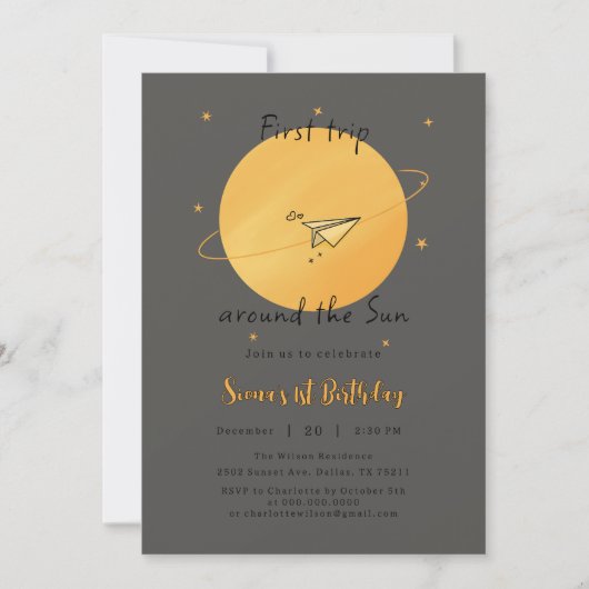 First Trip Around The Sun Paper Airplane Birthday 招待状 (正面)