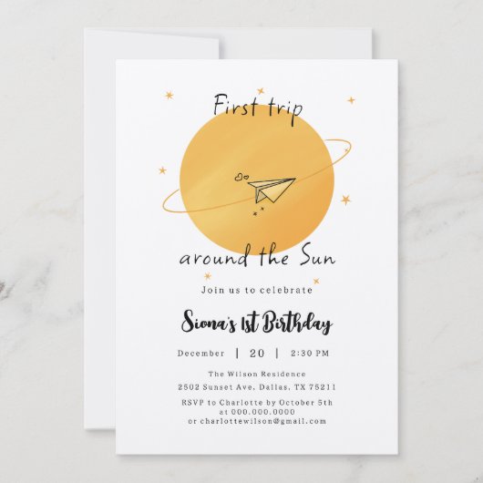 First Trip Around The Sun Paper Airplane Birthday 招待状 (正面)