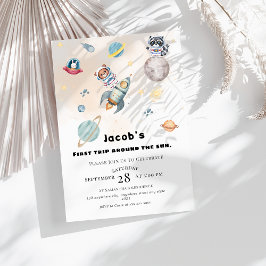 First Trip Around the Sun space Animals Birthday  招待状