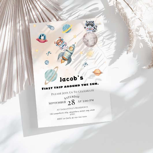 First Trip Around the Sun space Animals Birthday  招待状