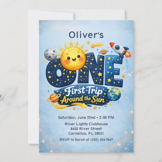 First Trip Around the Sun Space First Birthday 招待状 (正面)