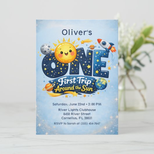 First Trip Around the Sun Space First Birthday 招待状 (スタンド正面)