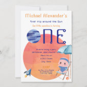 First Trip Sunのまわりに男の赤ちゃん1st誕生日フォト 招待状 (正面)