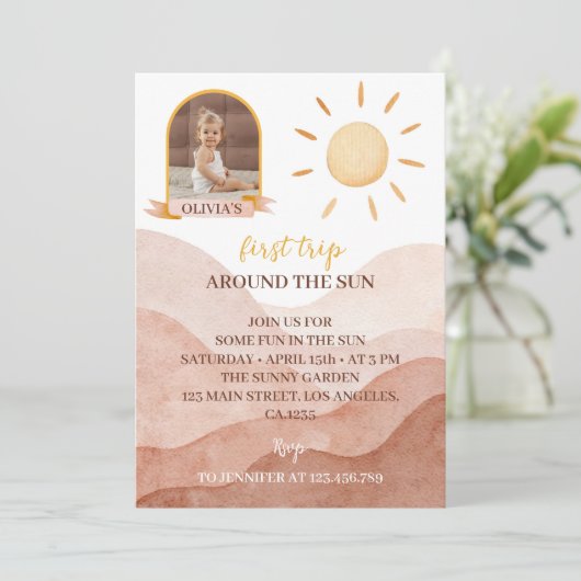 First Trip Sun写真のまわりに1st誕生日の招待 招待状 (スタンド正面)