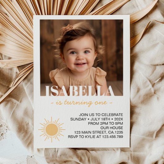 First Trip Sun写真のまわりに1st誕生日の招待 招待状