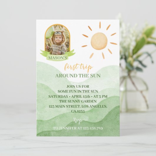 First Trip Sun写真のまわりに1st誕生日の招待 招待状 (スタンド正面)