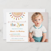 First Trip Sun のまわりに1st誕生日の写真 招待状 (正面)