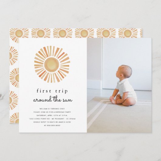First Trip Sun のまわりに One Birthday Party写真 招待状 (正面/裏面)