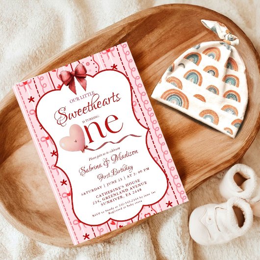 First Twin  Birthday valentine baby birthday party 招待状