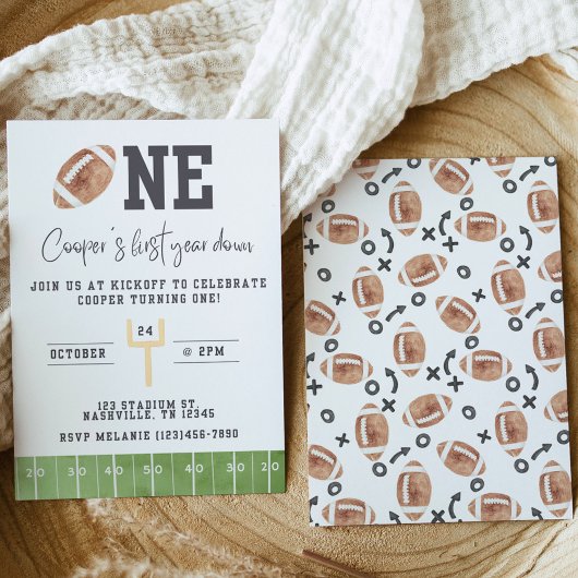 First Year Down First Birthday Invitation Football 招待状