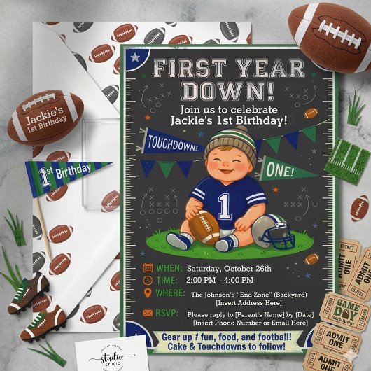 First Year Down Football 1st Birthday Invitation 招待状