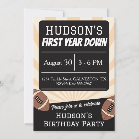 First Year Down Football Birthday Party Invitation 招待状 (正面)