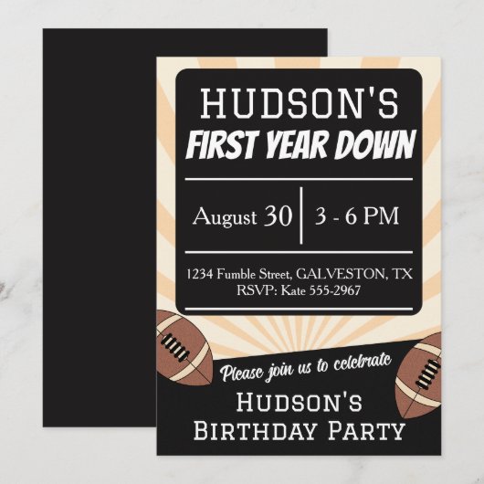 First Year Down Football Birthday Party Invitation 招待状 (正面/裏面)
