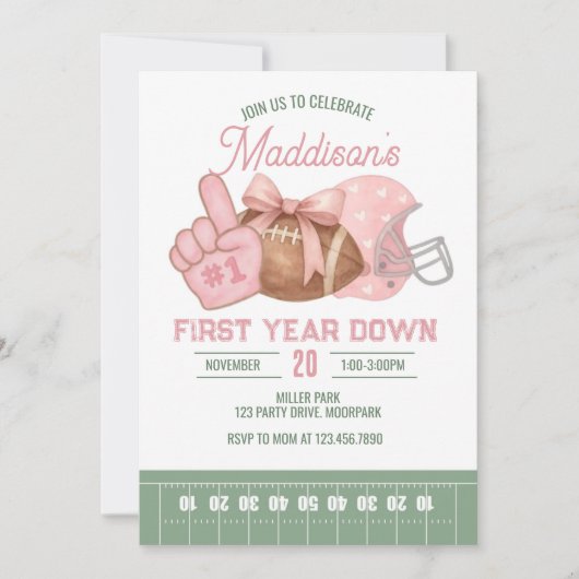 FIRST year down, Football Birthday, Pink football 招待状 (正面)