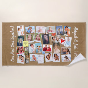 First Year Together Photo Memories フェイク Cork Board ビーチタオル