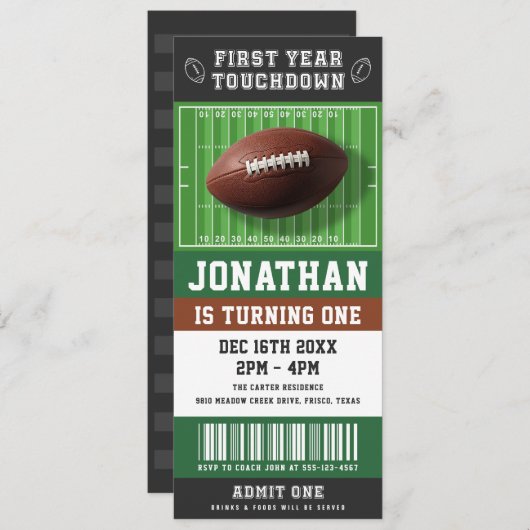 First Year Touchdown Football Ticket 1st Birthday 招待状 (正面/裏面)