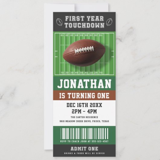 First Year Touchdown Football Ticket 1st Birthday 招待状 (正面)