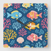 Fish and coral nautical blue スクエア壁時計 (正面)