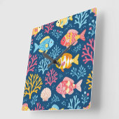 Fish and coral nautical blue スクエア壁時計 (傾斜)