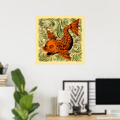 Fish Antique Tile Old art ancient ポスター (ホームオフィス)