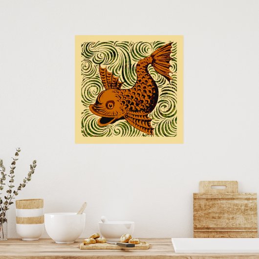 Fish Antique Tile Old art ancient ポスター (キッチン)