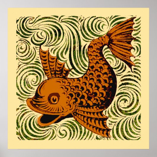 Fish Antique Tile Old art ancient ポスター (正面)