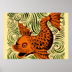 Fish Antique Tile Old art ancient ポスター