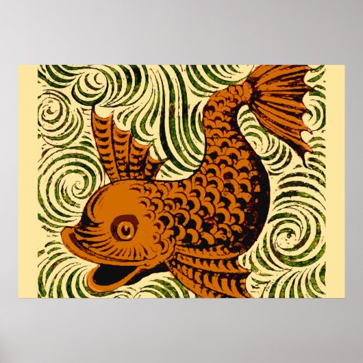 Fish Antique Tile Old art ancient ポスター (正面)