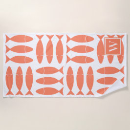 Fish Block Print Nautical - Coral Monogram ビーチタオル